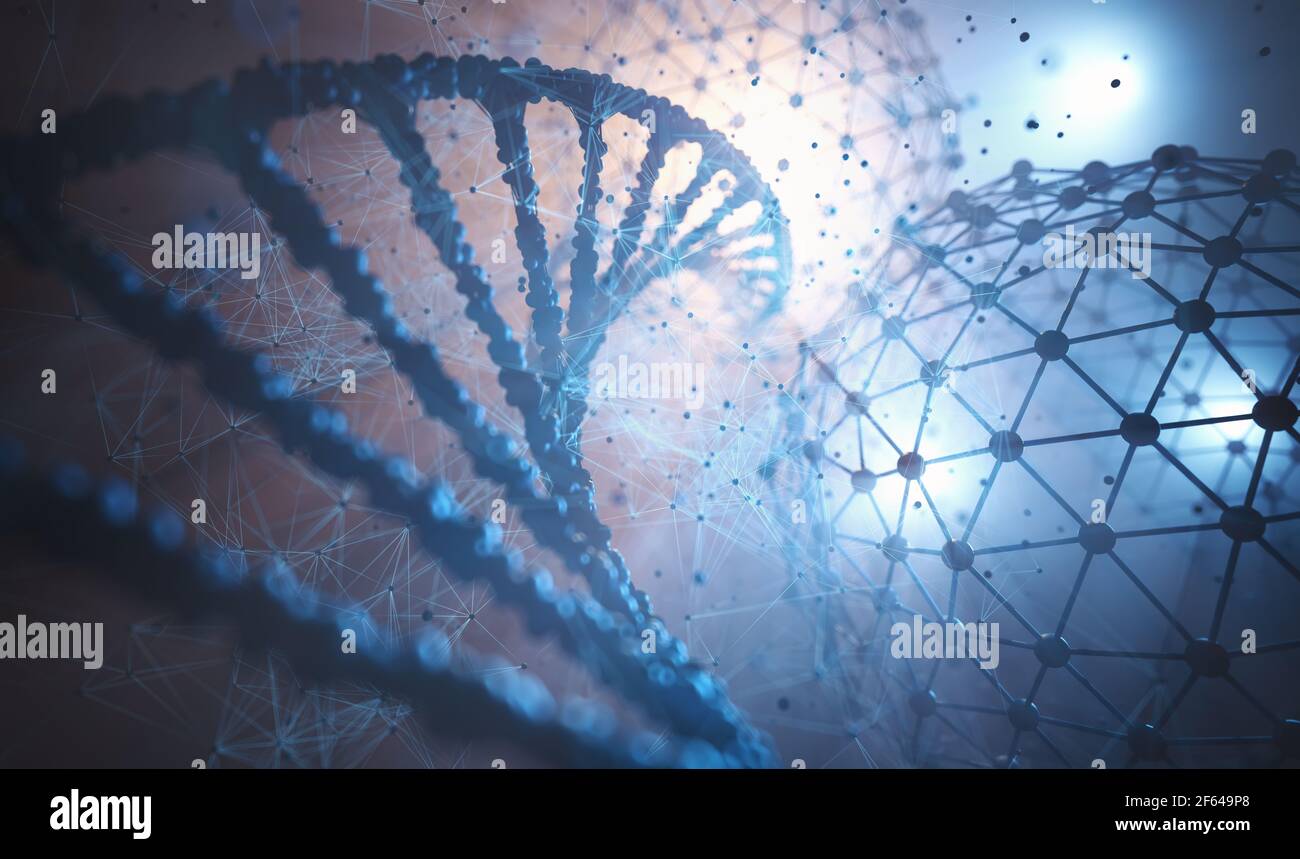 Biotechnologie et génie génétique moléculaire. Illustration 3D de la science et de la technologie moléculaire. Banque D'Images