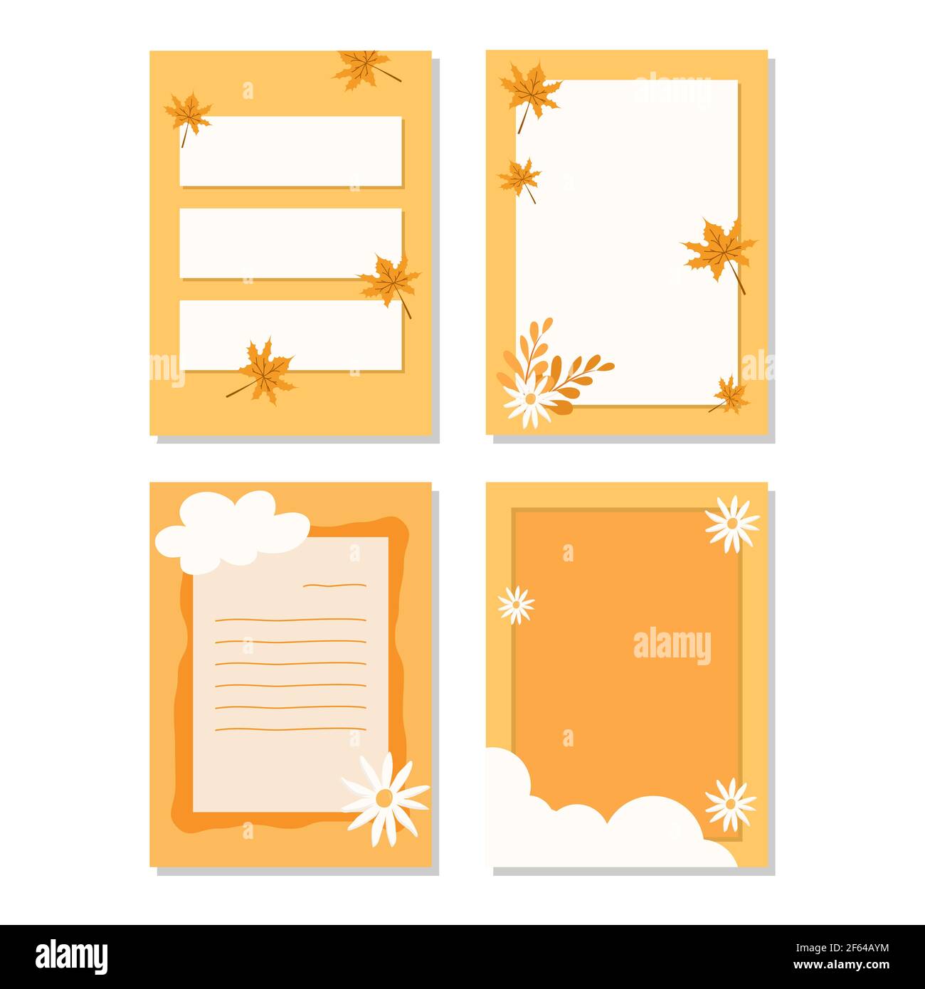 motif vectoriel, collection de papier à notes orange mignon avec feuilles et fleurs tombées isolées sur fond blanc Illustration de Vecteur