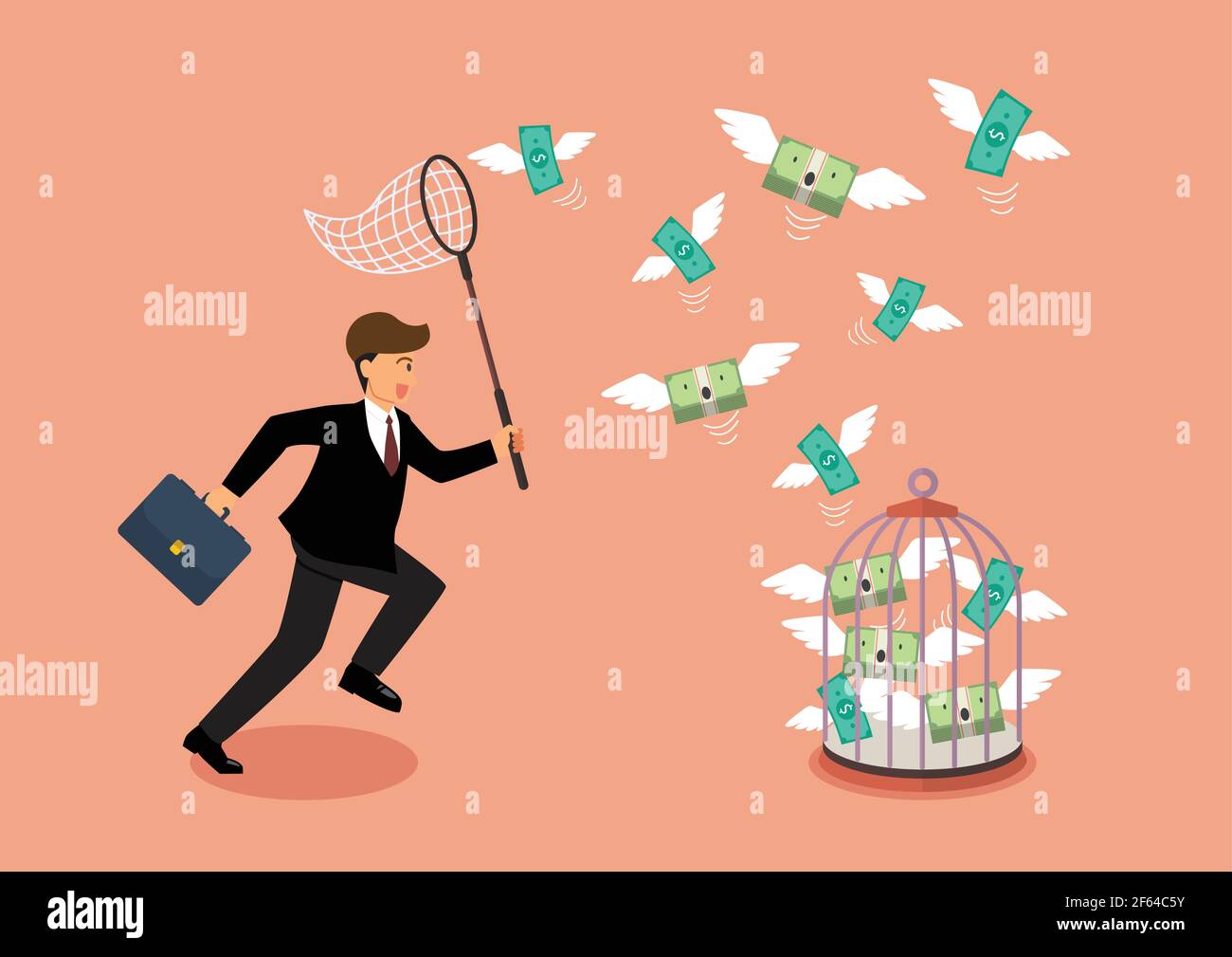 Homme d'affaires essayant de prendre l'argent volant dans la cage à oiseaux. Métaphore d'entreprise Illustration de Vecteur