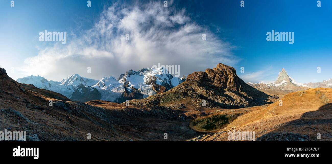 Rotenboden, Monte Rosa, Castor, Pollux, Roccia Nera, Breithorn, montagnes de Matterhorn et de Riffelhorn, Valais, Suisse Banque D'Images