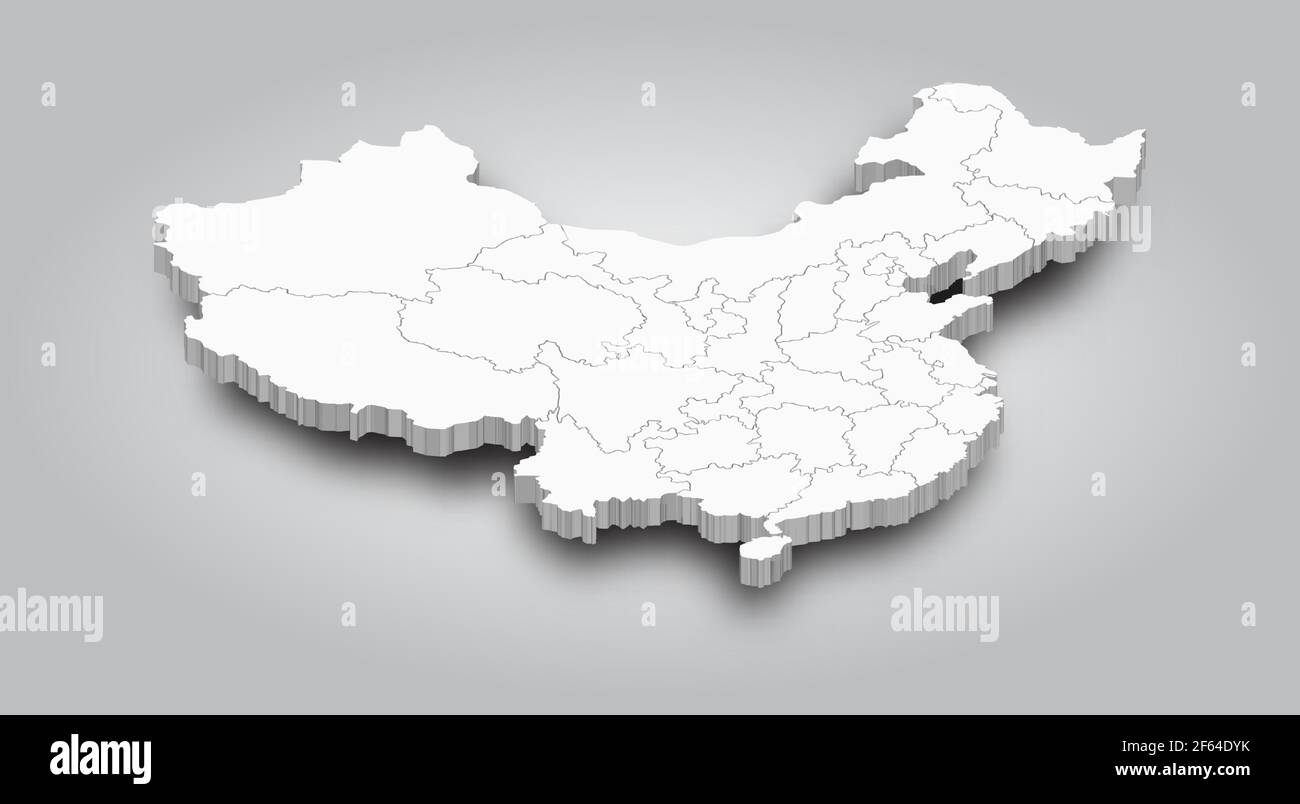 Carte 3D de la Chine et de la province avec ombre sur fond gris dégradé . Vue en perspective . Vecteur . Illustration de Vecteur