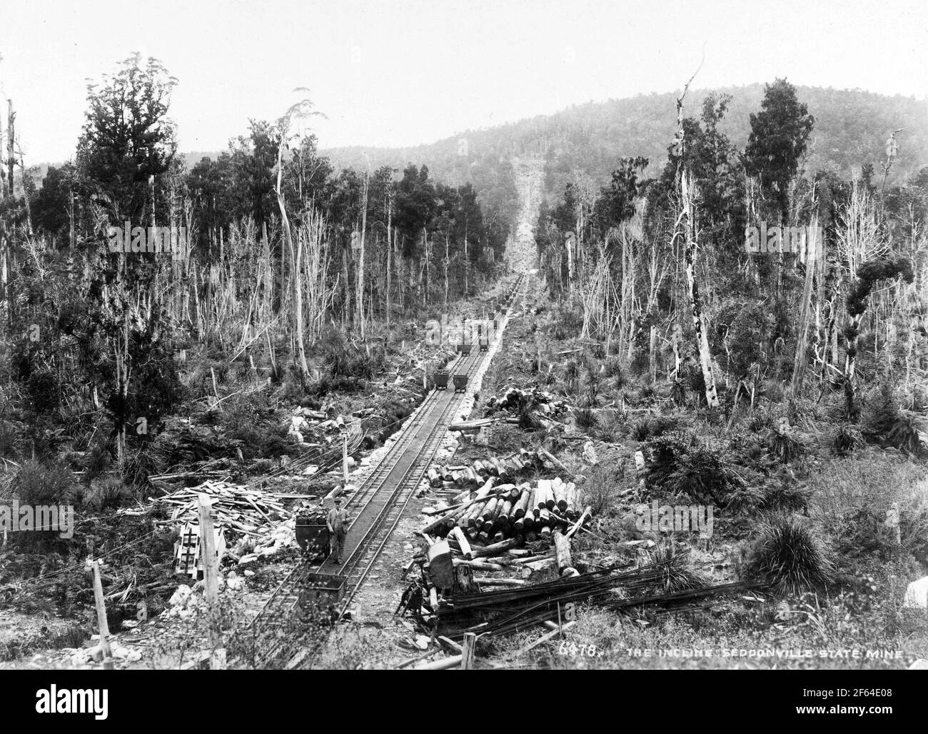 Wagons de charbon sur la pente du chemin de fer à la mine de charbon Seddonville, en Nouvelle-Zélande, vers 1910. Photo de Muir Moodie de Dunedin Banque D'Images