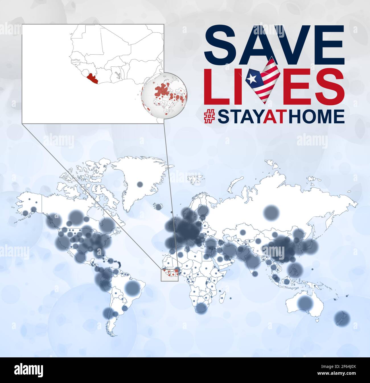 Carte du monde avec les cas de coronavirus se concentrent sur le Libéria, la maladie COVID-19 au Libéria. Slogan sauver des vies avec le drapeau du Libéria. Modèle vectoriel. Illustration de Vecteur