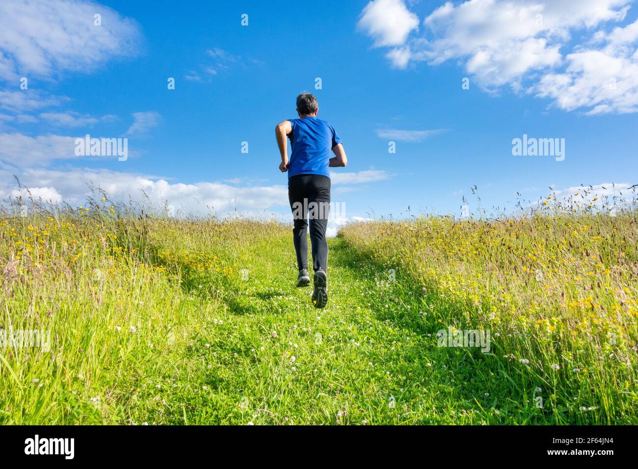 Vue arrière de l'homme mature qui court, qui avance en amont sur une piste de marche en herbe sur une colline en campagne. ROYAUME-UNI Banque D'Images