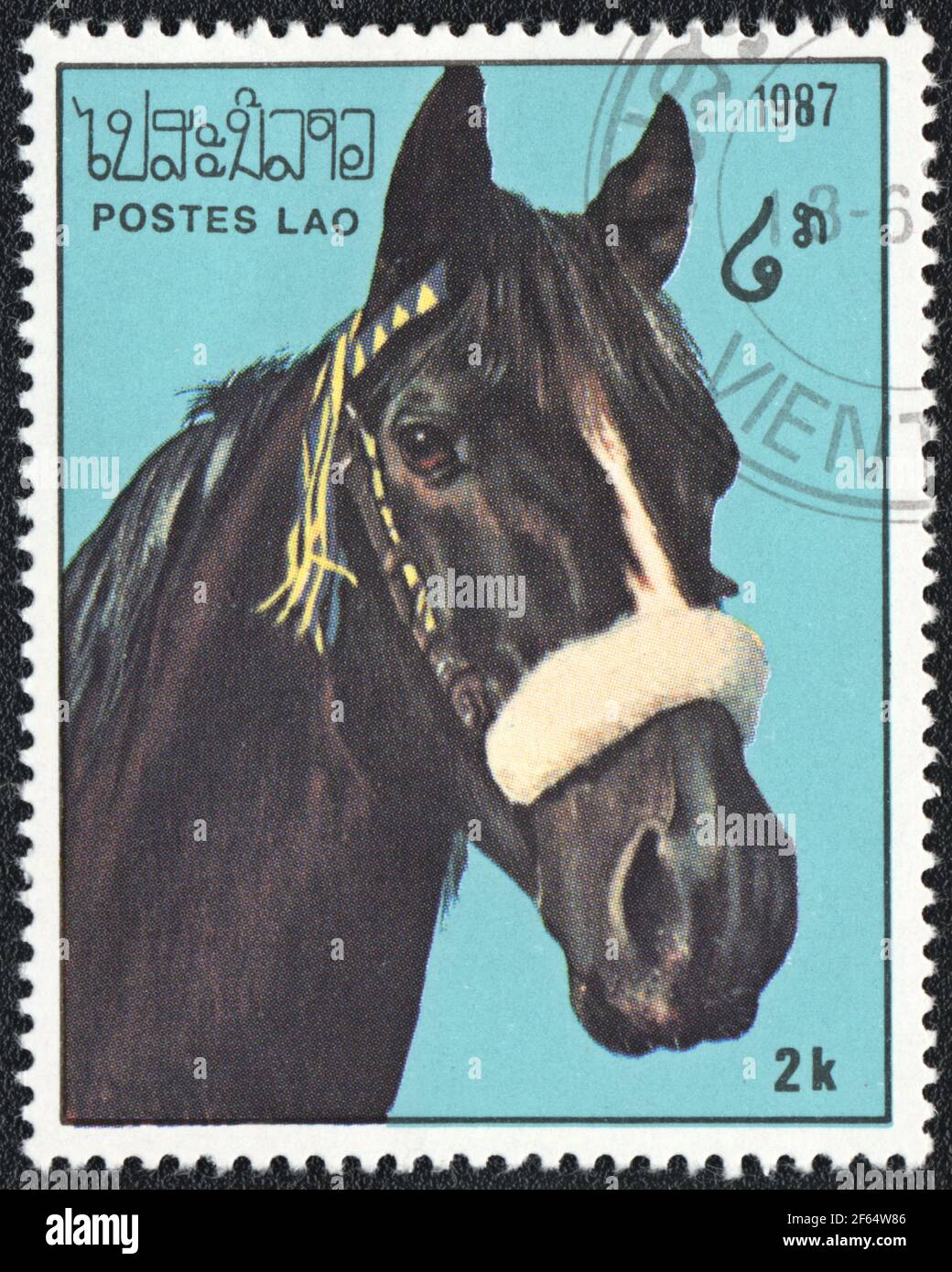 Un timbre-poste montre un cheval noir avec blanc (Equus ferus cabalus) de la série: Chevaux pur-sang, Laos, 1987 Banque D'Images