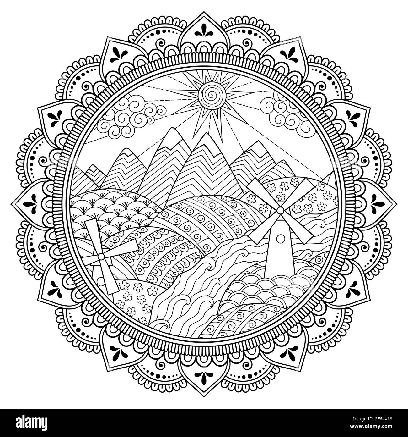 Motif Doodle en noir et blanc. Paysage en cadre rond - montagnes, rivières, champs, collines, moulins à vent, soleil et nuage - livre de coloriage pour les enfants. Banque D'Images