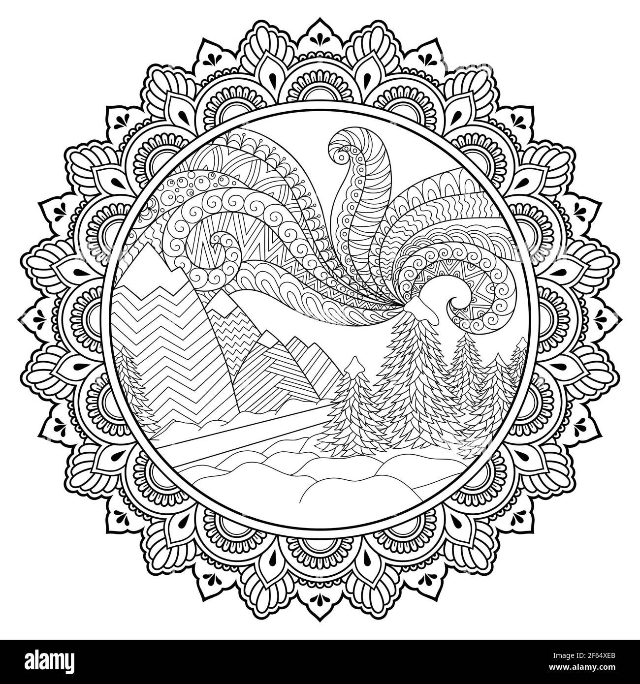 Motif Doodle en noir et blanc. Paysage d'hiver - route, arbres, montagnes, lumières polaires, dérives de neige - livre de coloriage pour les enfants. Décoration circulaire Banque D'Images