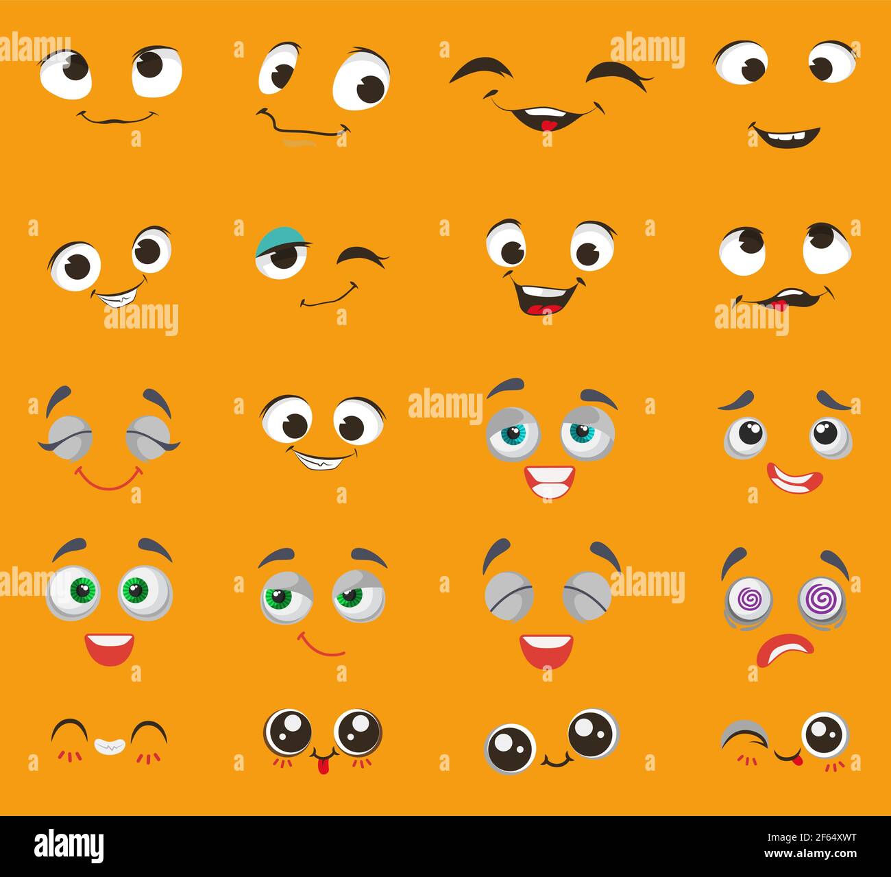 Emoji mignon jeu de caractères de dessin animé, illustration vectorielle. Émoticone comique avec des expressions de visage triste, heureux, fou. Illustration de Vecteur
