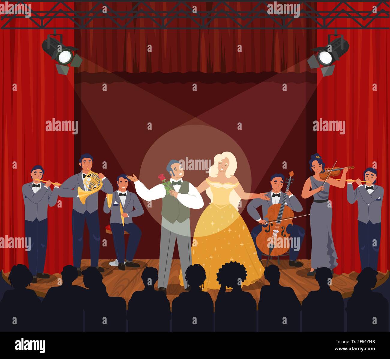 Scène de théâtre d'opéra avec rideaux rouges. Musiciens et acteurs sur scène, illustration vectorielle. Divertissement. Illustration de Vecteur
