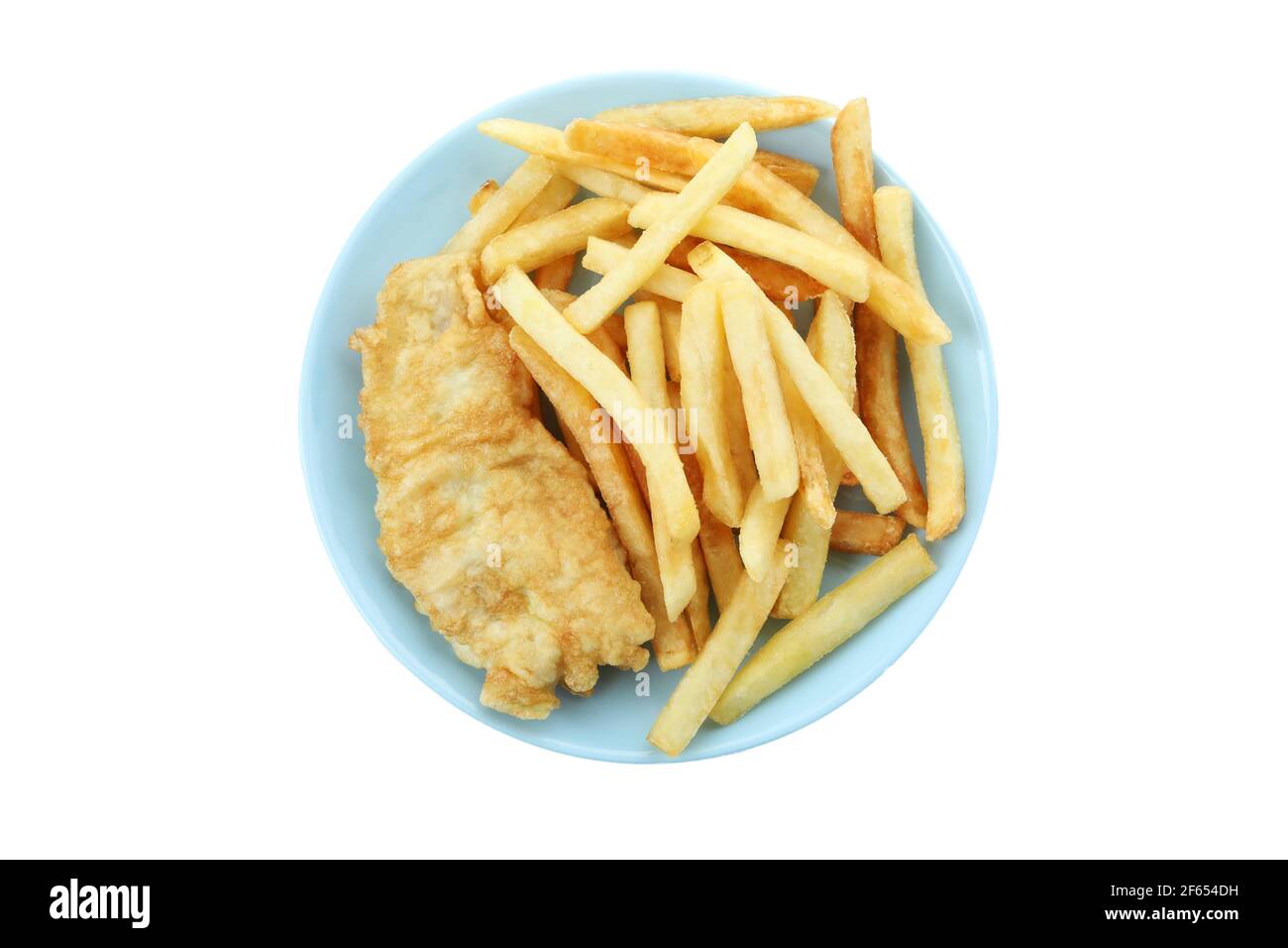 Assiette de poisson frit et frites isolées sur fond blanc Banque D'Images