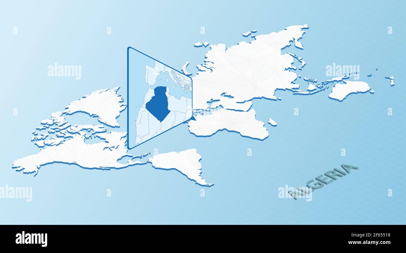 Carte du monde en style isométrique avec carte détaillée de l'Algérie. Carte d'Algérie bleu clair avec carte abstraite du monde. Illustration vectorielle. Illustration de Vecteur
