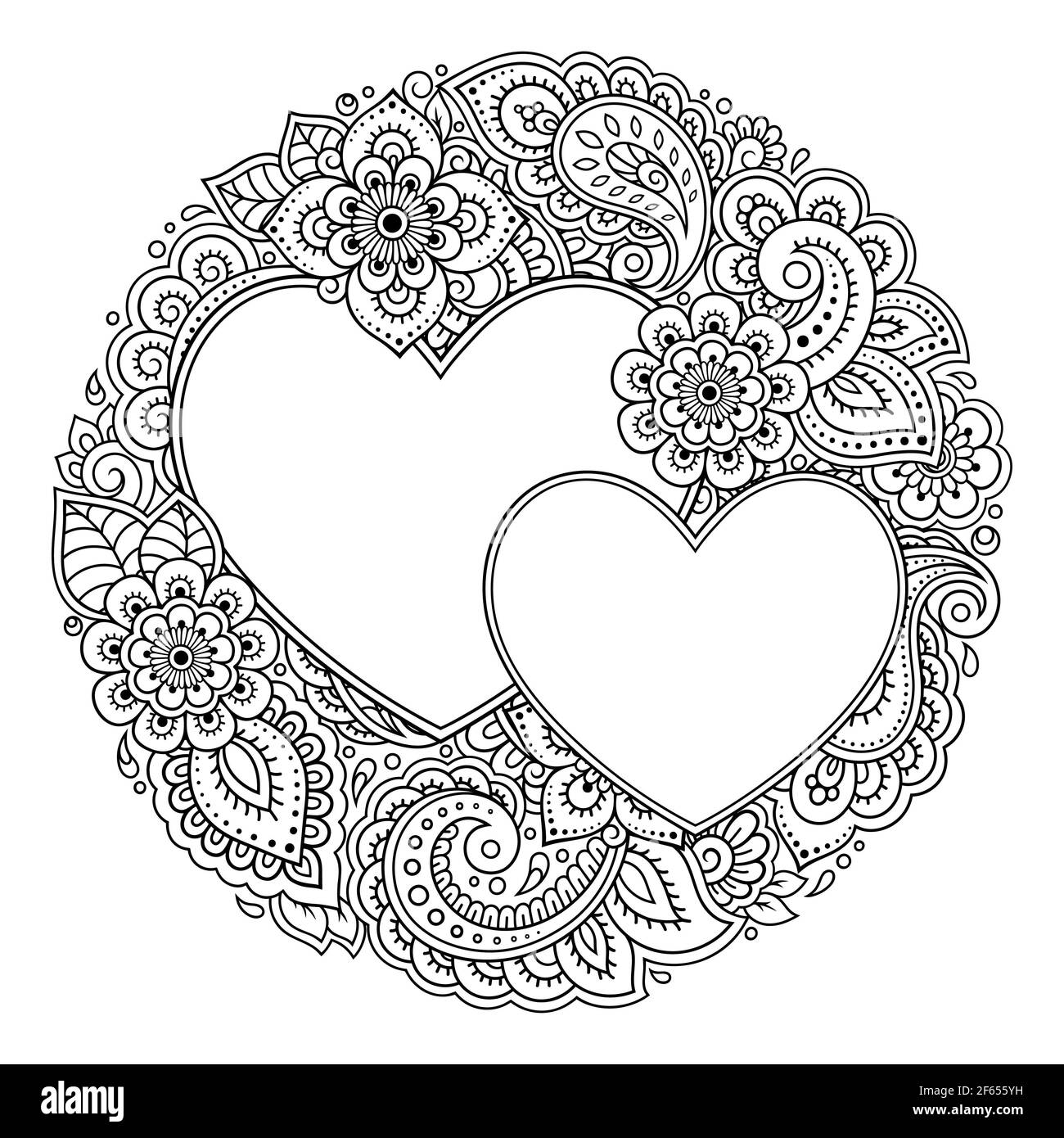 Cadre décoratif rond avec motif fleuri dans la partie avant du coeur en style mehndi. Page de livre de coloriage antistress. Décoration Doodle en noir et blanc. Outeli Banque D'Images