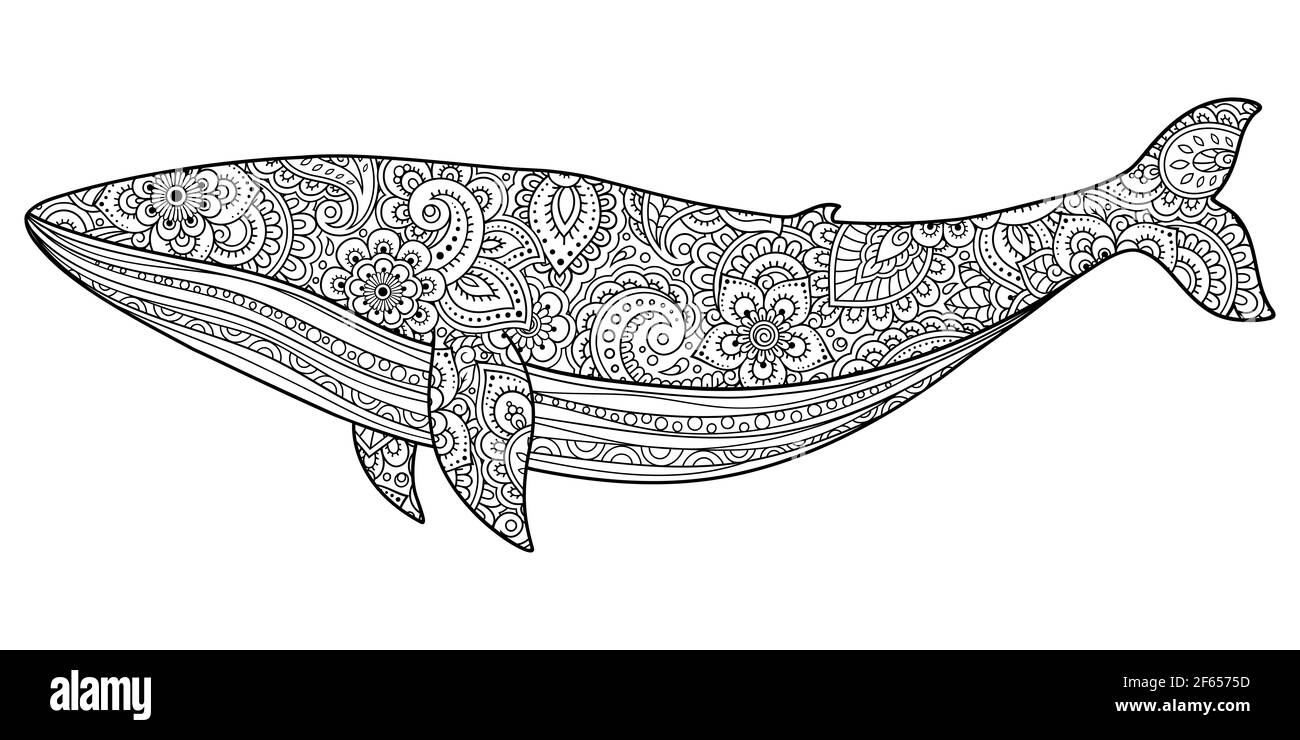 Whale est un mammifère marin fait un motif floral avec des ornements orientaux. Animal décoratif dessiné à la main dans le style Doodle. Décoration stylisée de mehndi fo Banque D'Images