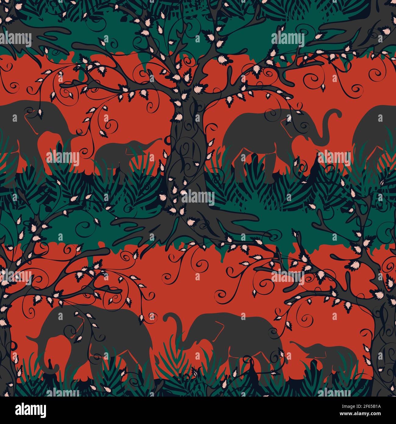 Motif vectoriel sans couture avec silhouettes éléphant sur fond rouge orange. Papier peint de paysage d'animaux africains. Mode forêt tropicale. Illustration de Vecteur