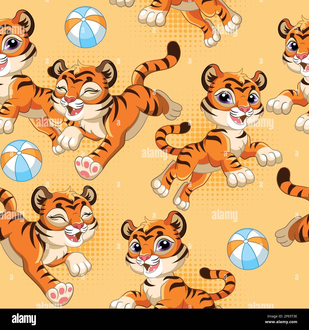 Motif sans couture avec des tigres et des balles de dessin animé joyeux sur fond orange. Illustration vectorielle pour fête, impression, douche de bébé, papier peint, design, déco Illustration de Vecteur