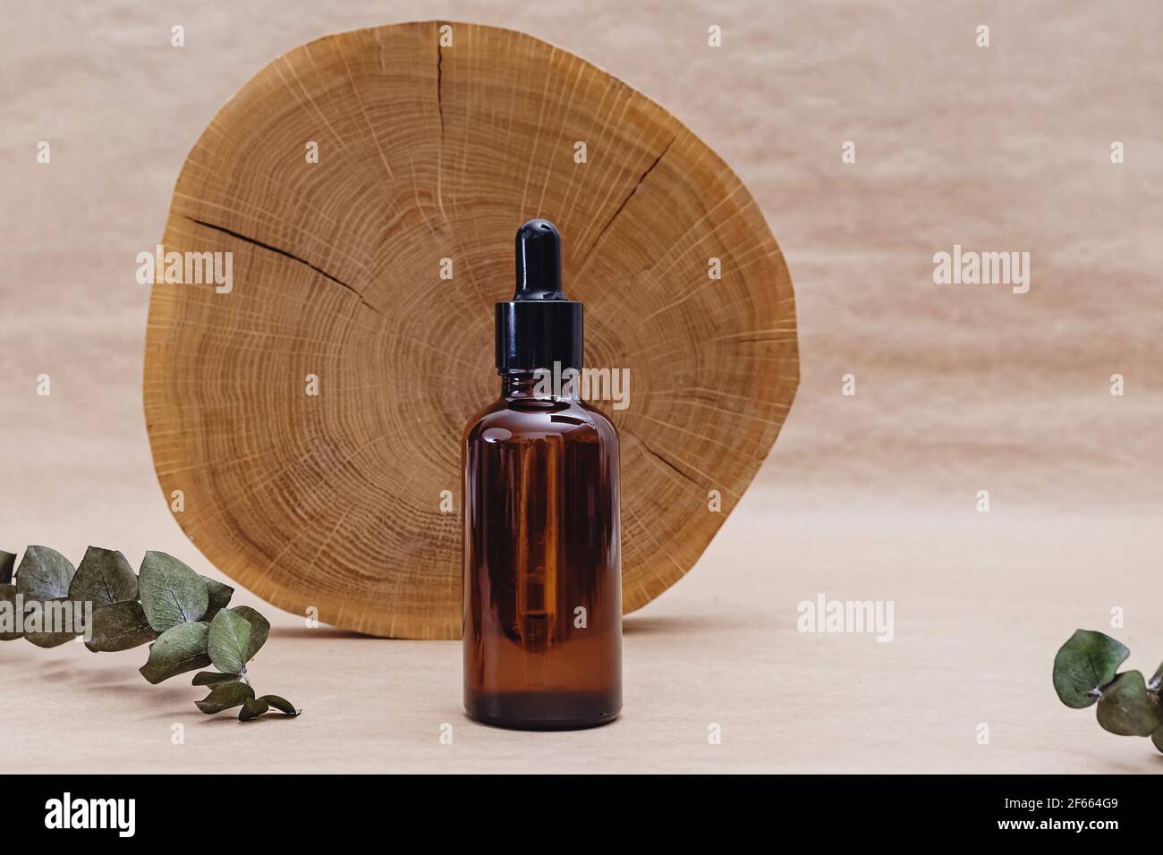 Flacon avec sérum facial et scie en bois Banque D'Images