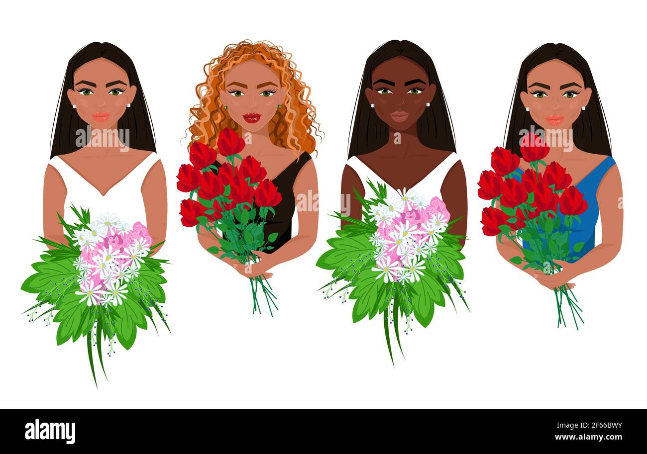 Ensemble de belles filles avec des fleurs dans leurs mains, des femmes de différentes apparitions et nationalités avec de beaux bouquets, épouses, vecteur plat Illustration de Vecteur