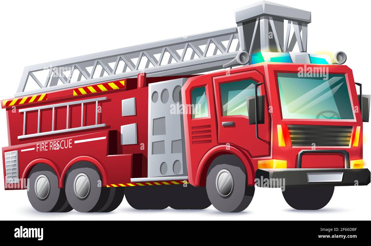 Le feu de style dessin animé vectoriel sauve un camion rouge, isolé sur fond blanc. Illustration de Vecteur