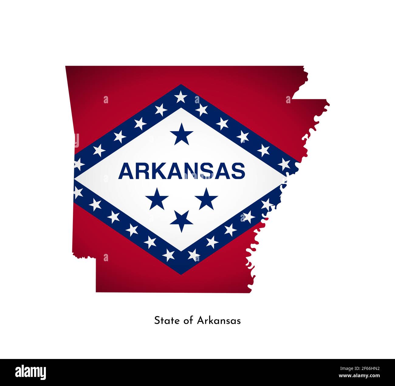 Illustration vectorielle isolée avec drapeau et carte simplifiée de l'Arkansas (État des États-Unis). Ombre de volume sur la carte. Arrière-plan blanc. Illustration de Vecteur