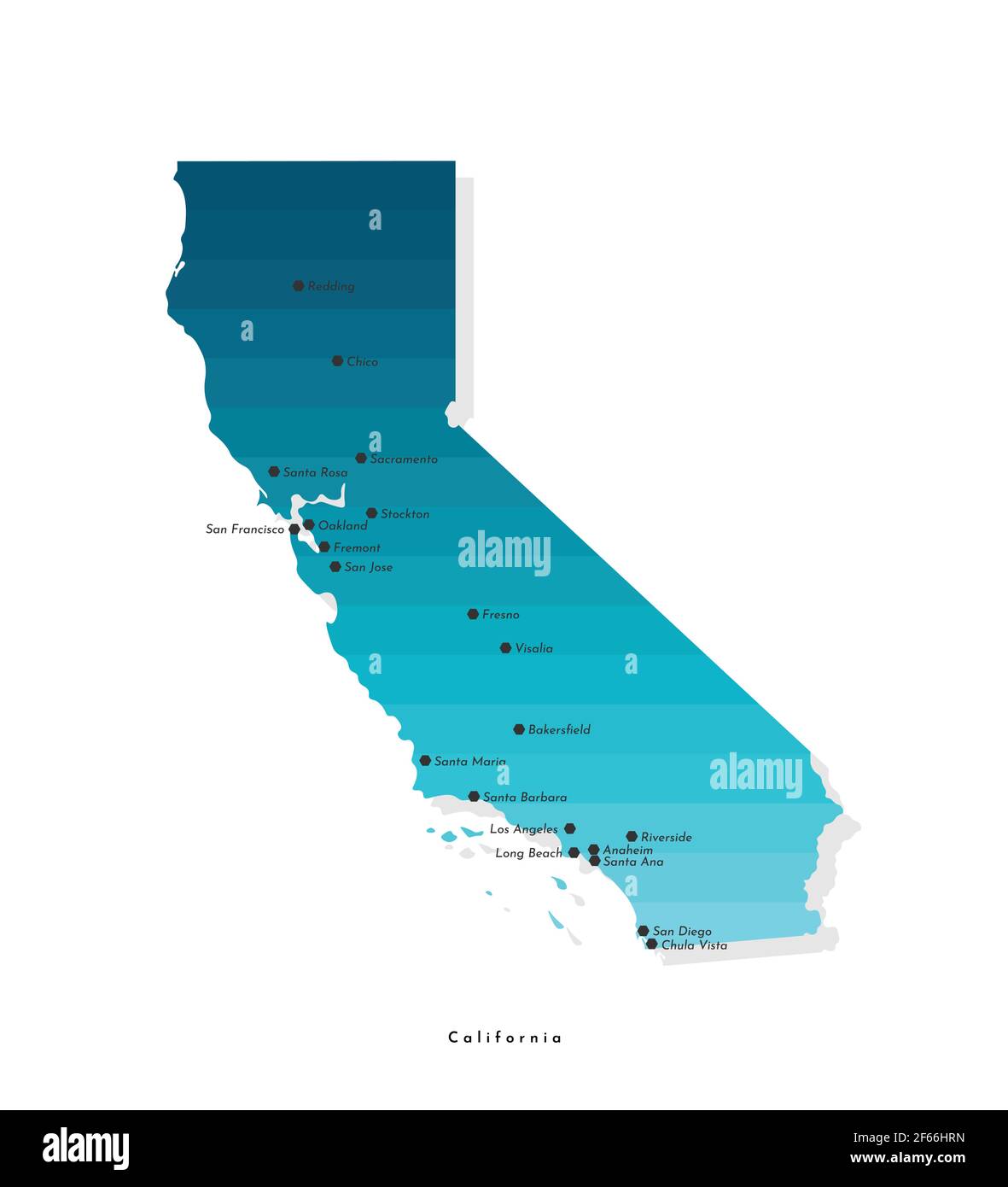 Illustration simplifiée isolée par vecteur avec carte de l'État de Californie (États-Unis) en dégradé bleu. Tags avec de grandes villes. Arrière-plan blanc. Illustration de Vecteur