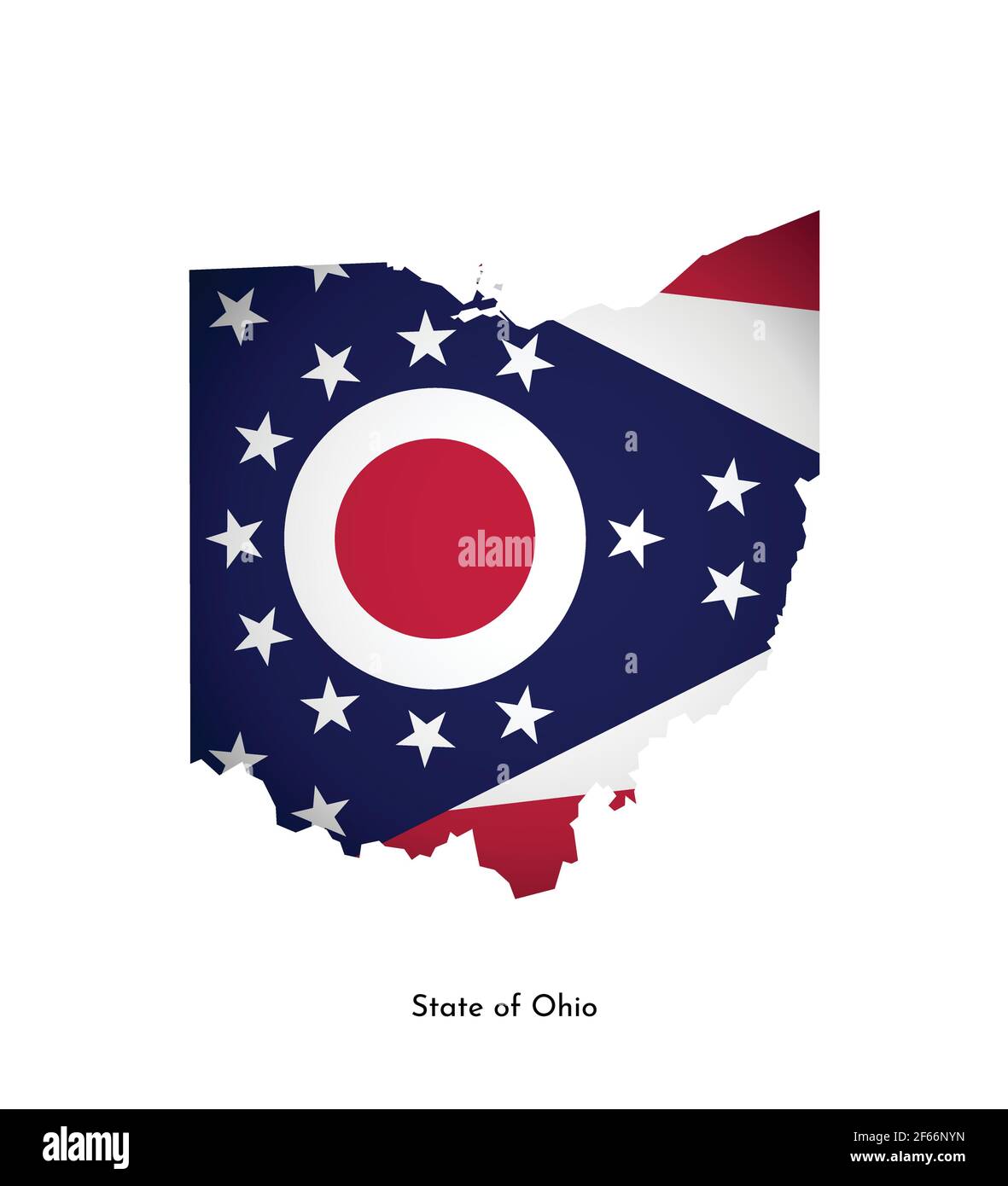 Illustration vectorielle isolée avec drapeau et carte simplifiée de l'Ohio (État des États-Unis). Ombre de volume sur la carte. Arrière-plan blanc Illustration de Vecteur