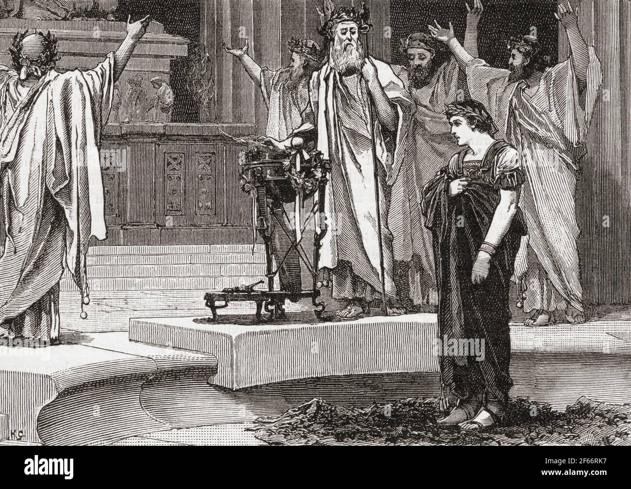 Alexandre au Temple de Jupiter Amon, Siwa Oasis, Égypte en 331 C.-B. Alexander III de Macédonie, 20/21 juillet 356 C.-B. – 10/11 juin 323 C.-B., alias Alexandre le Grand. Roi de l'ancien royaume grec de Macédoine. De l'Histoire universelle de Cassell, publié en 1888. Banque D'Images