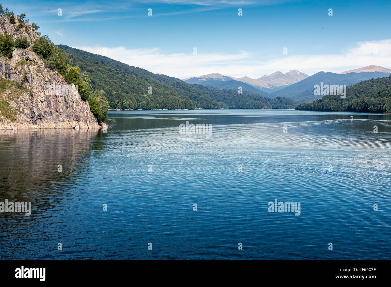 Vue sur le lac Vidraru dans les montagnes Carpathian. Ciel bleu vif et arbres verts. Croisière en bateau sur l'eau. Espace de copie négatif, place pour le texte. T Banque D'Images