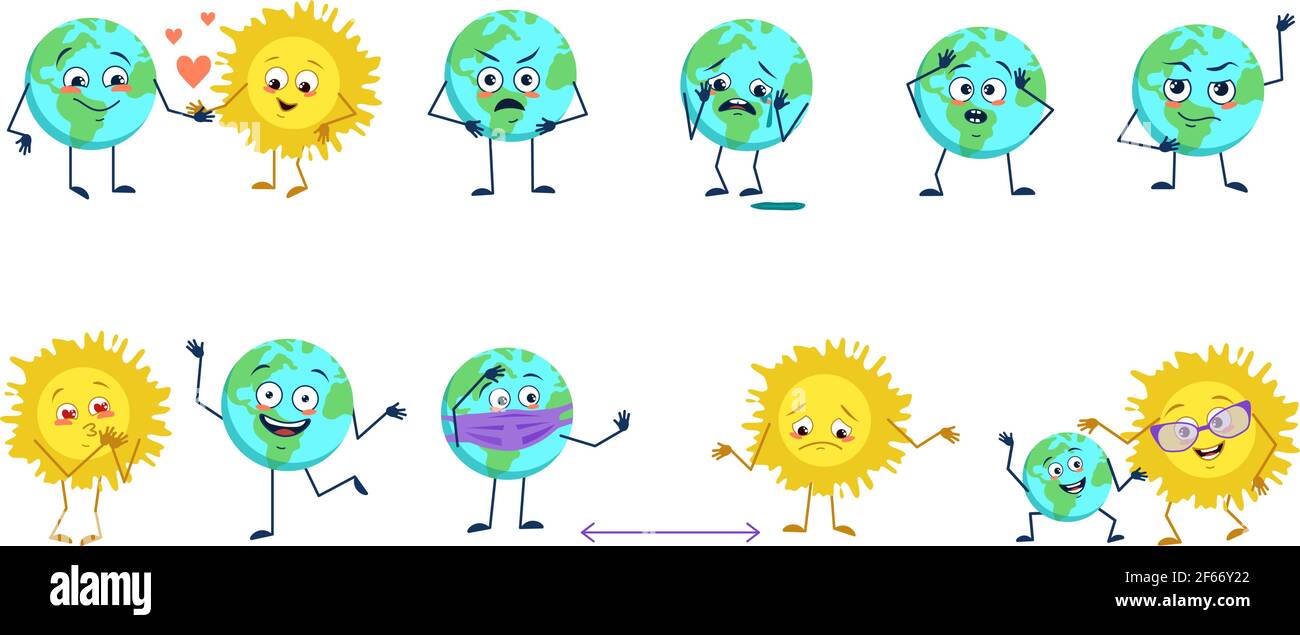Ensemble de personnages mignons de la planète terre et le soleil avec des émotions différentes Illustration de Vecteur