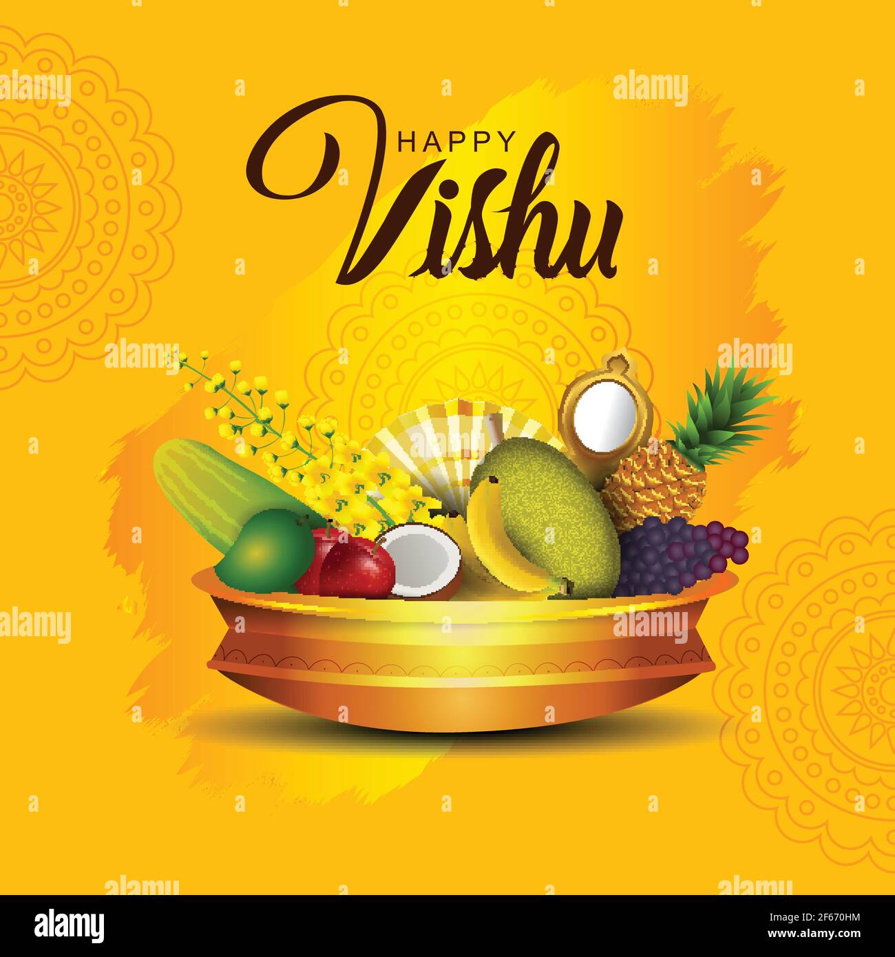 Joyeuses salutations Vishu. 14 avril Festival de Kerala avec Vishu Kani, fruits et légumes de fleurs de vishu dans un vaisseau de bronze. Dessin d'illustration de vecteur Illustration de Vecteur