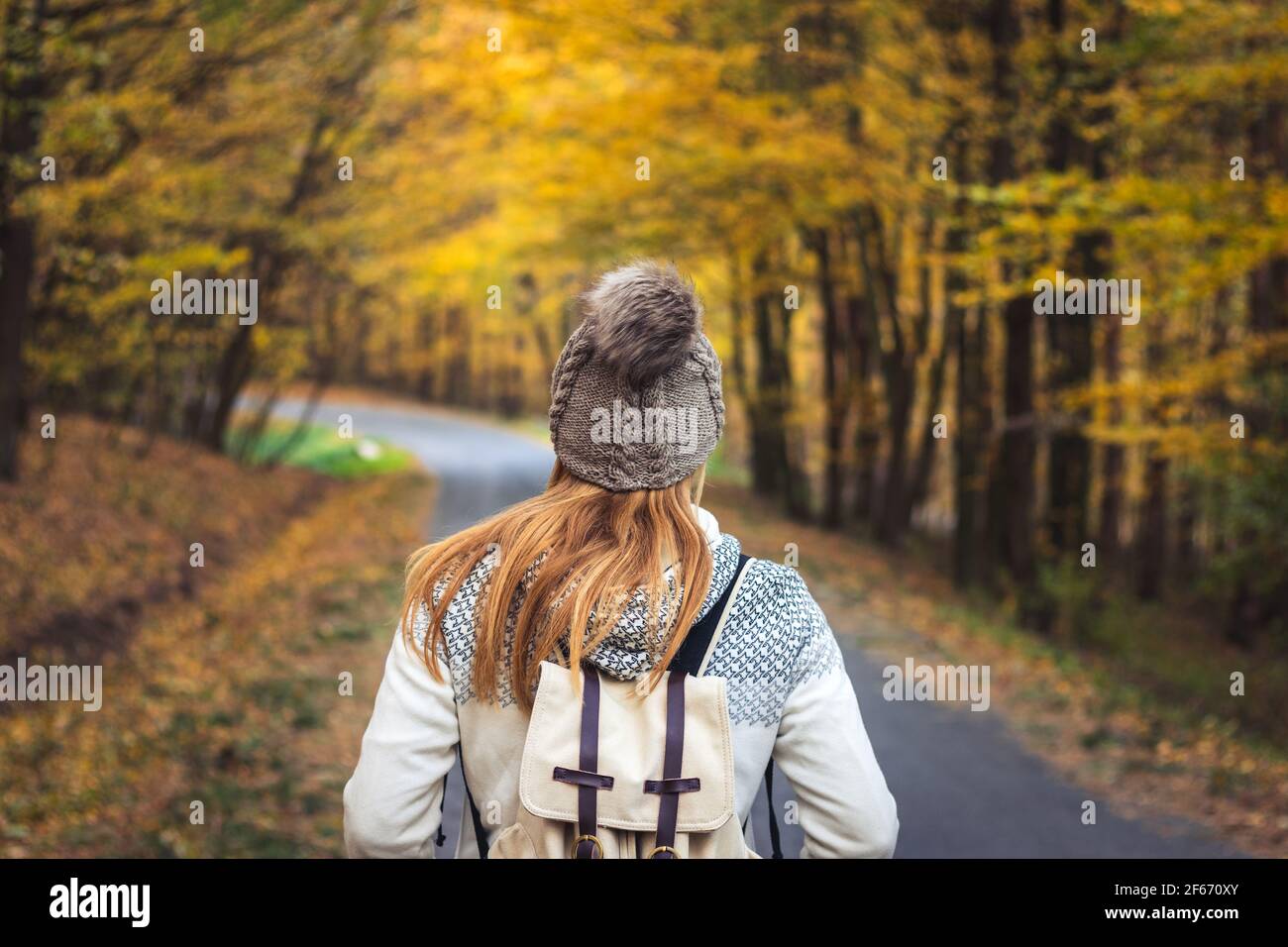 Une femme de randonnée portant un pull, un chapeau et un sac à dos tricotés marche sur la route dans la forêt d'automne. Jeune touriste à la recherche de bois. Concept de voyage Banque D'Images