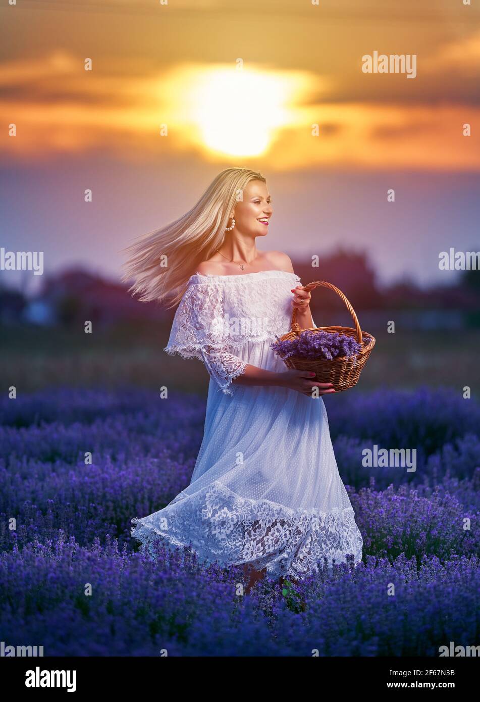 Belle jeune femme en robe blanche vaporeuse dans une lavande champ au  coucher du soleil Photo Stock - Alamy