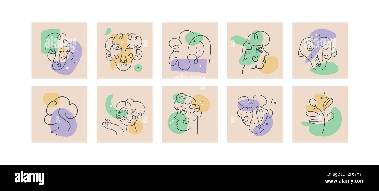 Collection de différents visages et feuilles dessinés à la main Illustration de Vecteur