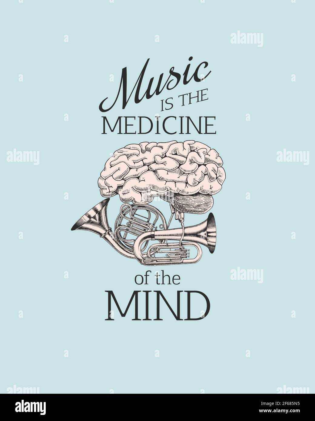 Brain et Jazz Tuba ou trompette dans un style vintage. La musique est la  médecine de l'esprit. Dessin de grunge dessiné à la main pour tatouage.  Devis pour t-shirt. Vecteur Image Vectorielle