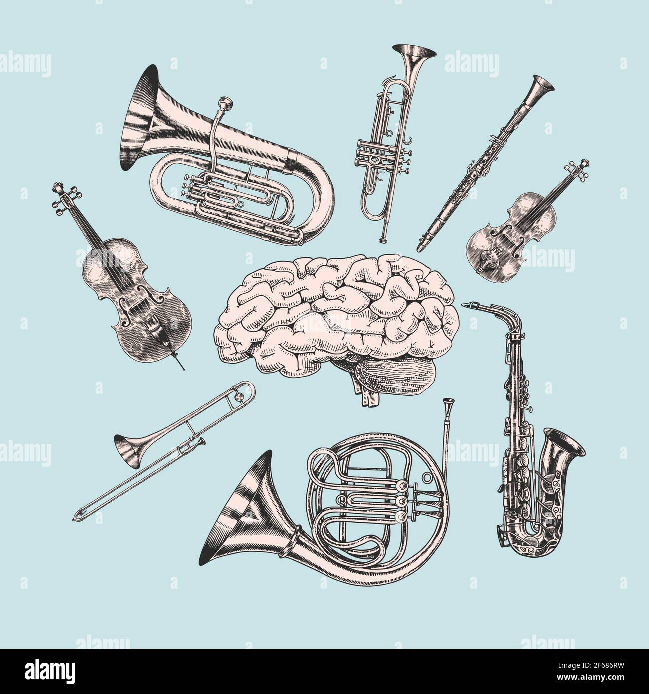 Musique et cerveau dans un style vintage. Jazz musical trombone trompette Flute French Horn saxophone. Croquis dessiné à la main pour tatouage, t-shirt ou coupe de bois Illustration de Vecteur