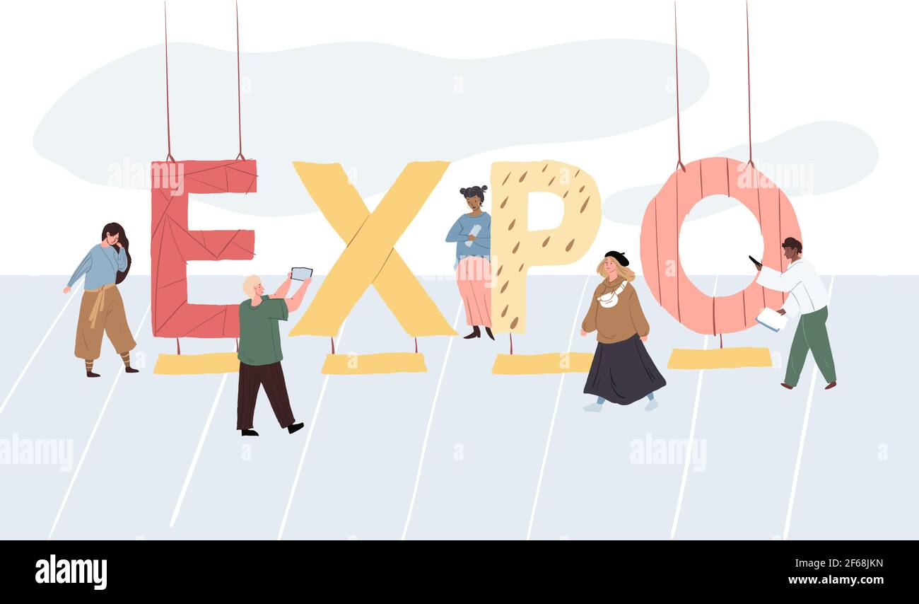 Personnages de dessin animé et grands caractères de texte « expo », concept d'illustration vectorielle Illustration de Vecteur
