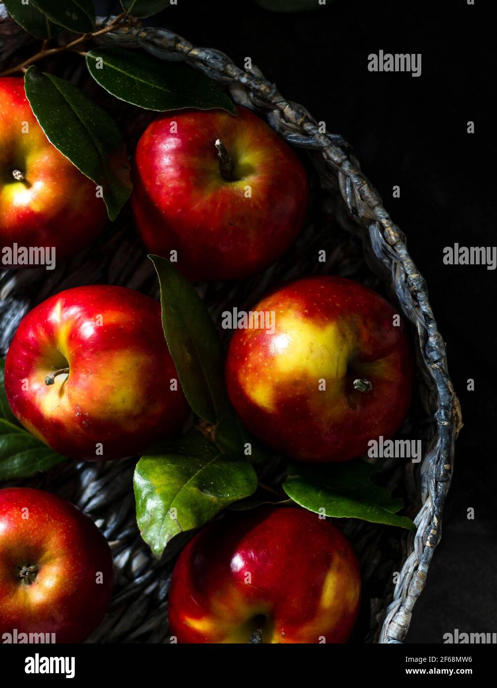 Scène sombre et sinistre - fraîchement cueillies des pommes du jardin dans un panier tissé. Banque D'Images