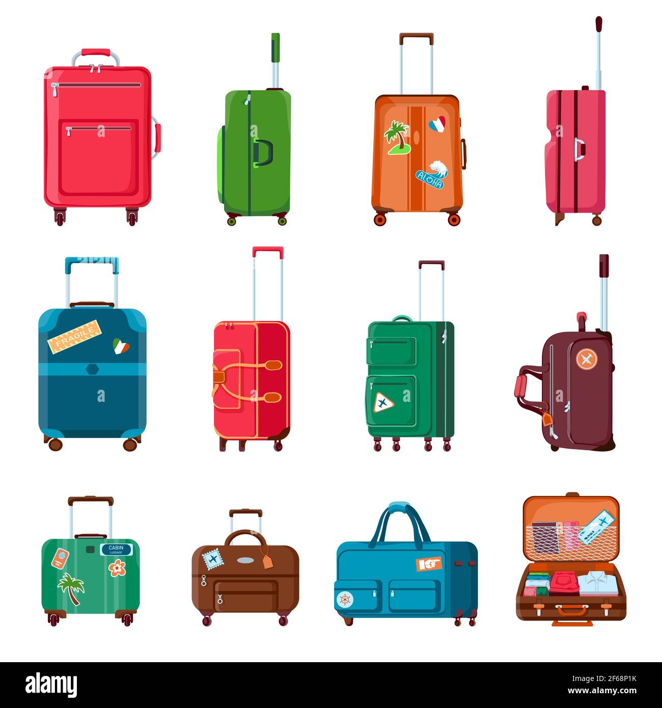 Valises de voyage. Sacs à dos, sacs, valise ouverte en plastique ou en  métal avec roulettes. Un bagage touristique de dessin animé avec  autocollant. Ensemble de valises à main Image Vectorielle Stock -