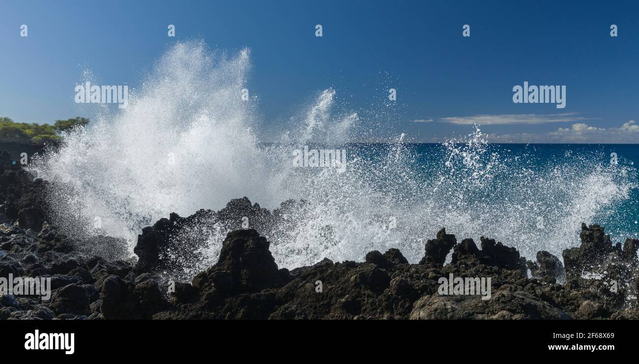 Hauts vagues sur la lave à la fin du monde sur Kuamo'o Bay, South Kona, Hawaï Banque D'Images