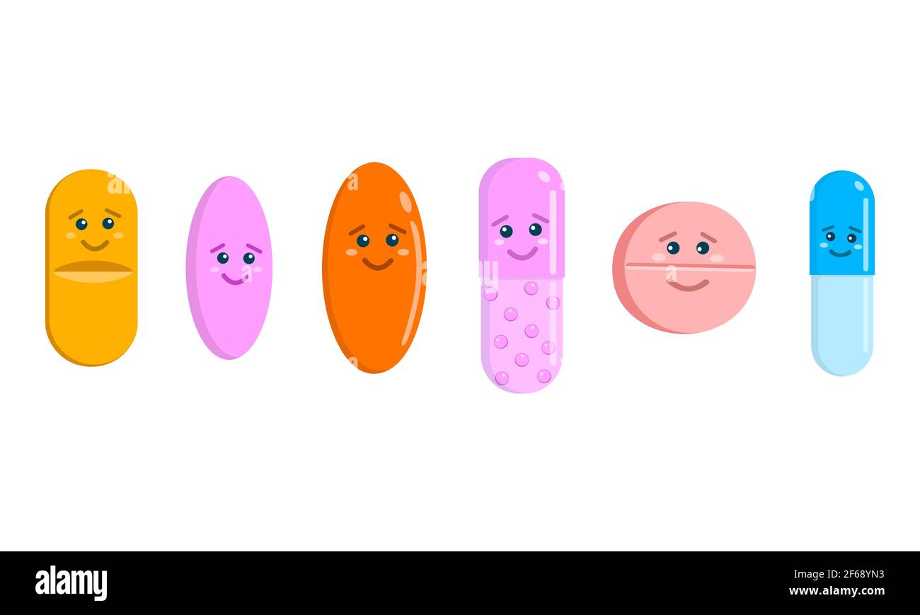 Mignons pilules personnages isolés sur fond blanc. Ensemble de tablettes et de capsules icônes avec visages drôles. Médecine et soins de santé pour les enfants. Illustration de dessin animé vectoriel. Illustration de Vecteur