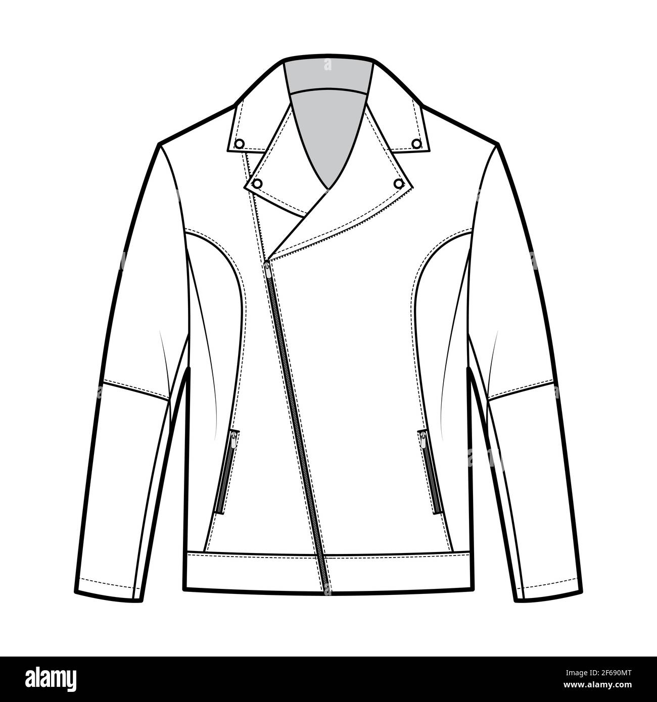 Veste de motard zippée illustration technique de la mode avec grandes  fermetures à glissière asymétriques sur le devant revers, col, manches  longues, poche passepoilée. Modèle de couche plate de couleur blanche.  Femmes