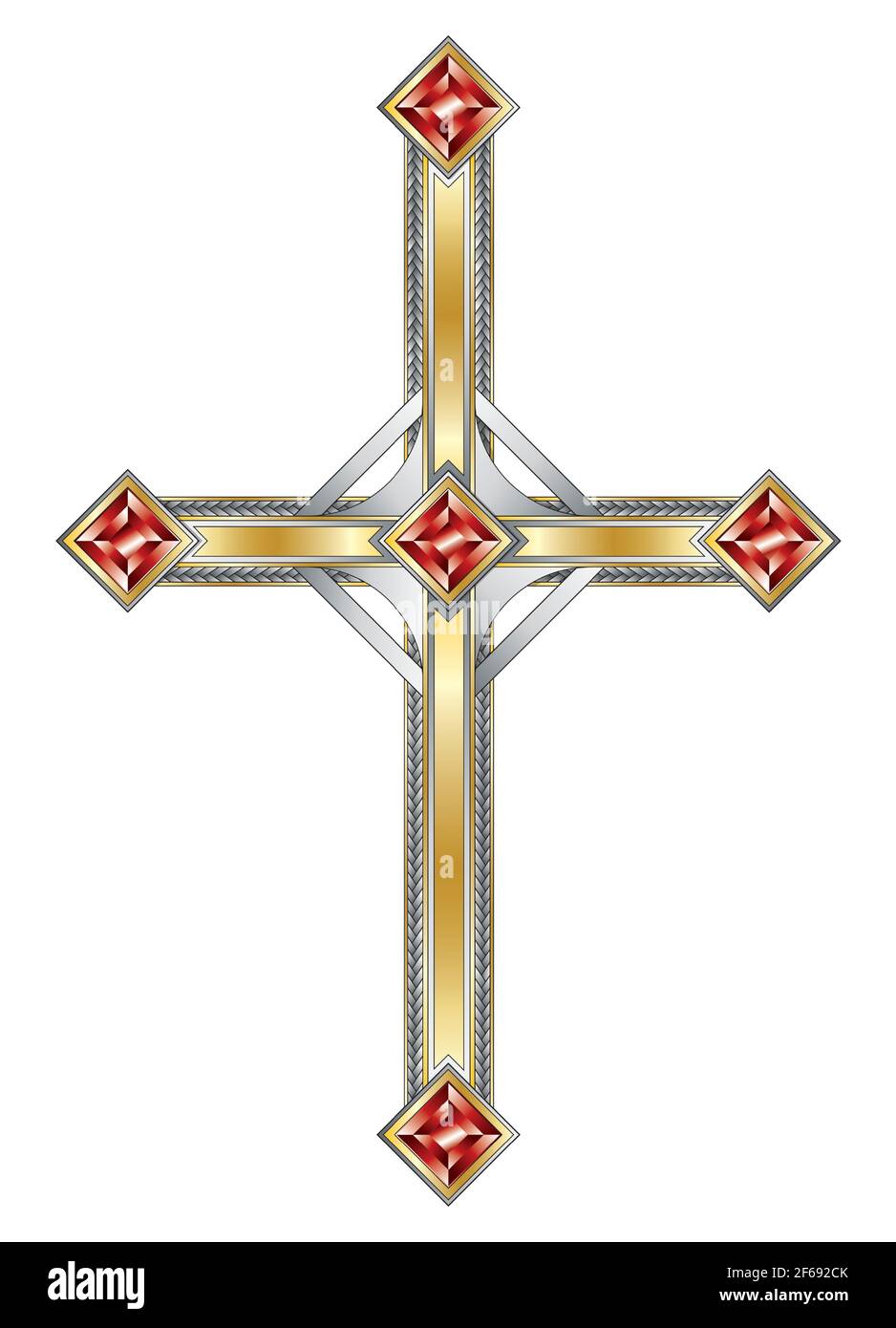 Croix d'argent et d'or catholique avec rubis dans le style De tatouages de la vieille école américaine Illustration de Vecteur