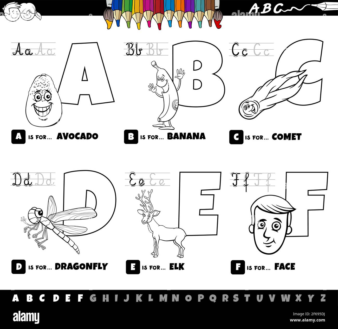 Dessin animé noir et blanc représentant des lettres majuscules de l'alphabet kit éducatif pour la pratique de la lecture et de l'écriture pour les enfants de Couleur a à F Illustration de Vecteur