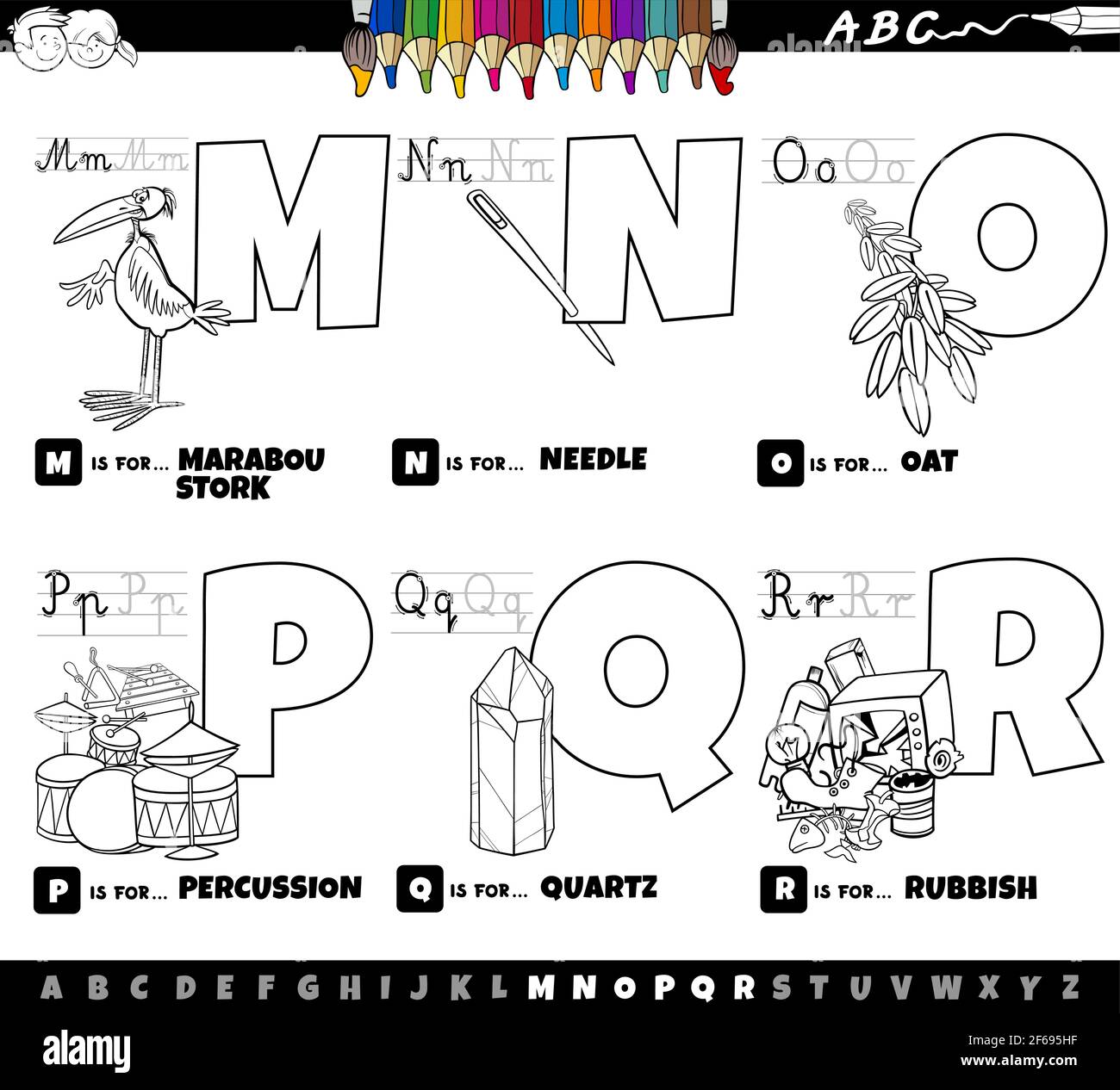 Dessin animé noir et blanc représentant des lettres majuscules de l'alphabet kit éducatif pour la pratique de la lecture et de l'écriture pour les enfants de Couleur M à R Illustration de Vecteur