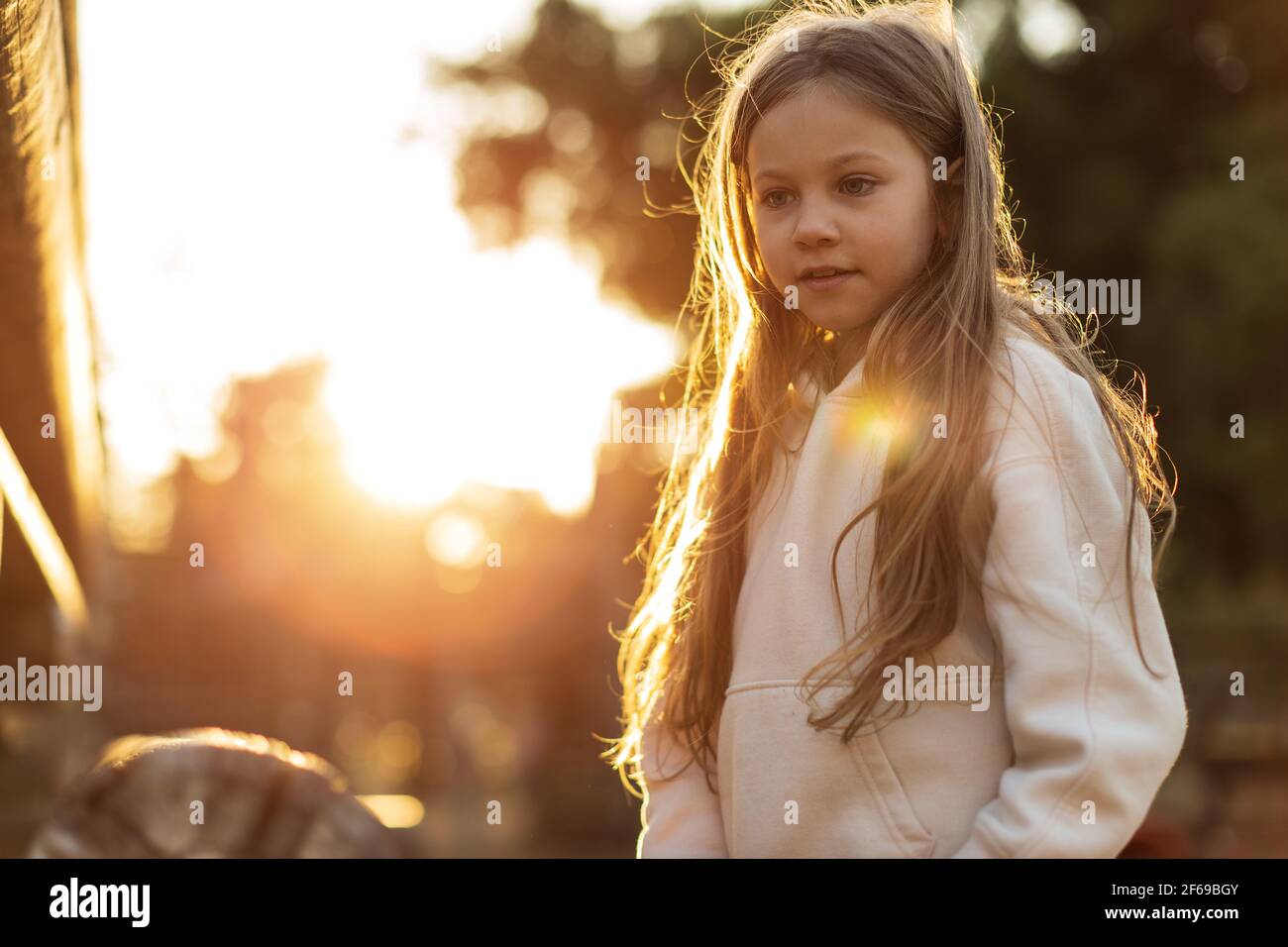 Petite fille blanche blonde a dans le parc, dans les rayons du soleil couchant. Photo de haute qualité Banque D'Images