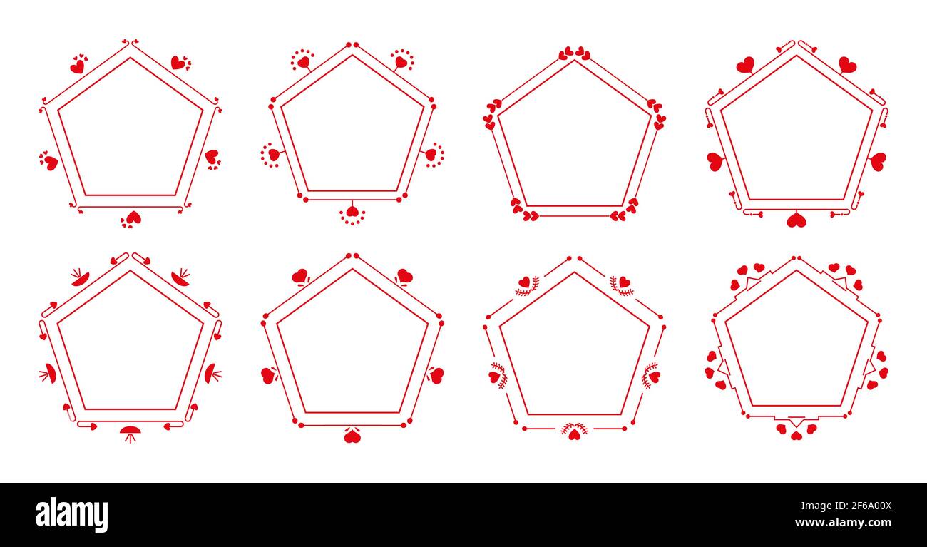 Ensemble de pentagone avec cadre rouge, coeur ou élément floral. Romantique élégant ornement décoratif vintage bordure pour texte mariage carte d'invitation, certificat. Isolé sur une illustration vectorielle blanche Illustration de Vecteur