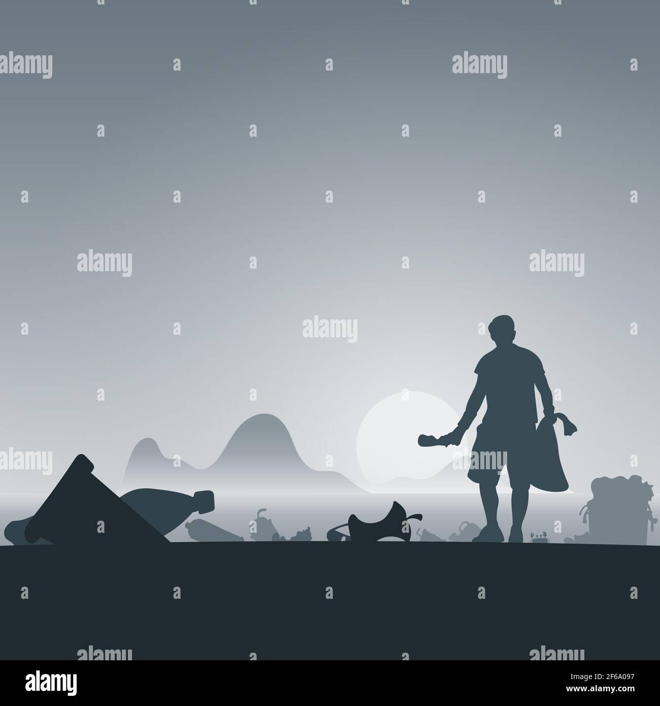 un volontaire masculin nettoie les ordures sur la plage dans un vecteur d'illustration d'arrière-plan dégradé. Concept d'écologie. Illustration de Vecteur