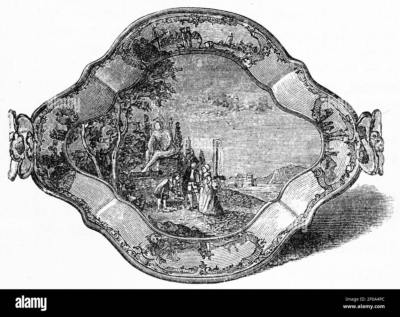 Gravure d'une plaque en porcelaine de Dresde, exposée au South Kensington Museum, Angleterre Banque D'Images