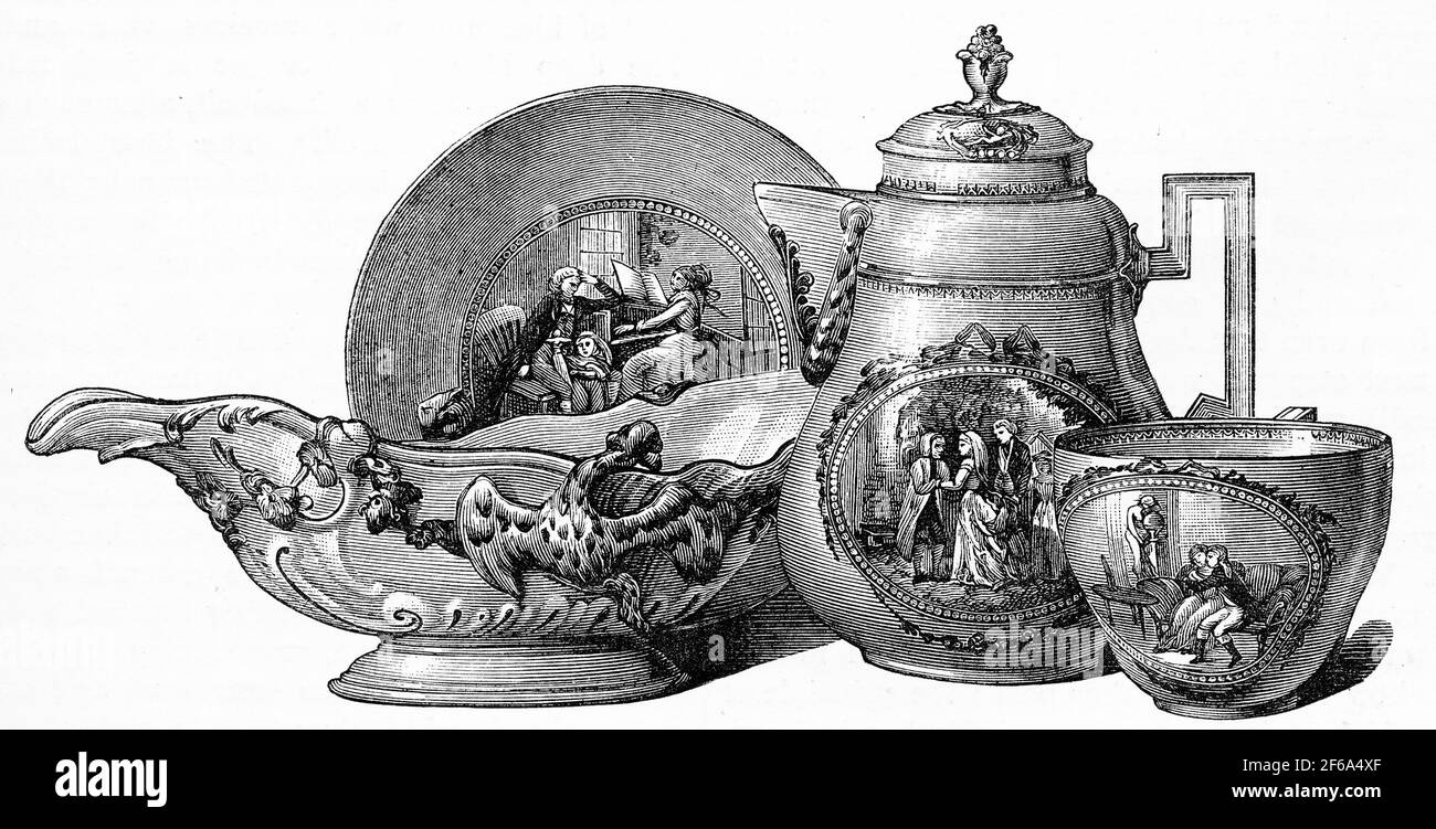 Gravure d'un service de dîner en porcelaine de Dresde, illustré par les "corneilles de werther", exposé au musée de South Kensington, en Angleterre Banque D'Images