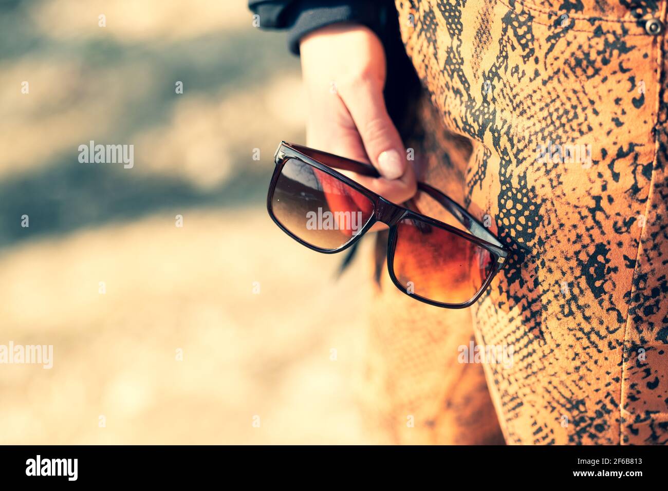 Lunettes de soleil classiques design pour hommes et femmes avec verres bruns et cadre brun Shoot à l'extérieur dans un jour d'été gros plan. Mise au point sélective Banque D'Images