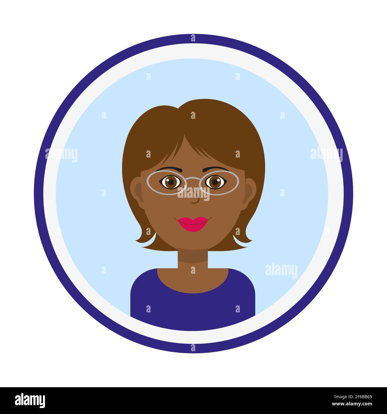 Avatar féminin. Mignon portrait de femme noir sur fond bleu. Visage de fille souriante avec des cheveux longs moyens et des lunettes. Illustration de Vecteur